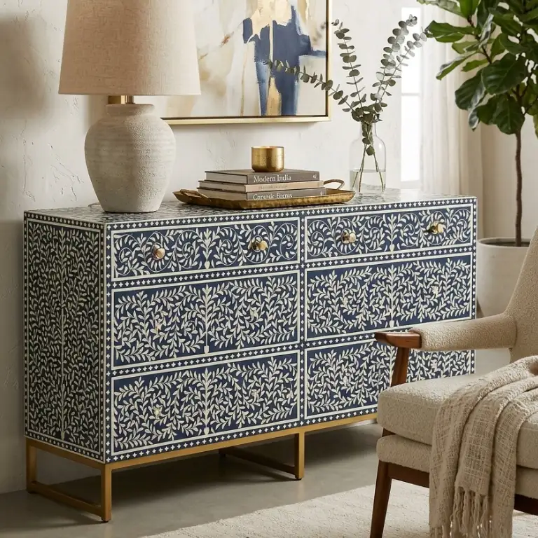 navy-blue-bone-inlay-chest-of-6-drawer Navy Blue Bone Inlay Chest of 6 Drawers placed in modern living room with chair and décor items
