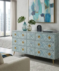 Buy Sky Blue Bone Inlay 9 Drawers Sideboard placed in living room