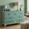 Teal Green Bone Inlay 7 Drawer Dresser with modern living room decor