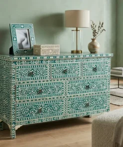 Teal Green Bone Inlay 7 Drawer Dresser with modern living room decor