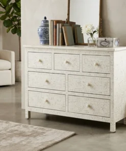 White Bone Inlay Chest of 7 Drawers designed for bedrooms and living room.