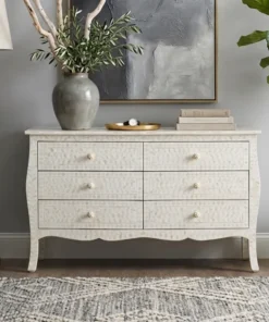 Handmade White Bone Inlay Floral Chest of 6 Drawers in modern living room