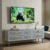 Bone inlay optical design media unit in modern living room with tv and sofa