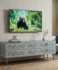 Bone inlay optical design media unit in modern living room with tv and sofa