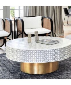 Bone inlay geometrical deisgn round coffee table with brass cladded base