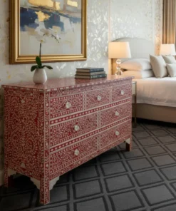 Mother of pearl inlay dresser 7 drawer floral design in luxury bedroom with furnished