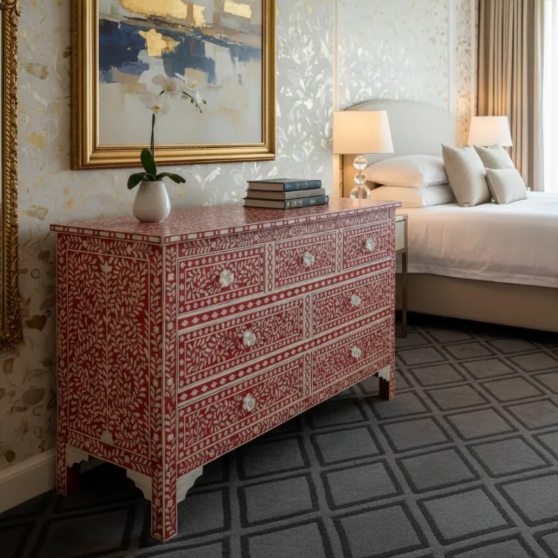 Mother-of-pearl-inlay-dresser-7-seven-drawer-floral-design Mother of pearl inlay dresser 7 drawer floral design in luxury bedroom with furnished