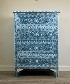 Mother of pearl inlay floral deisgn 4 four drawer tall boy blue dresser /Almirah / cabinet