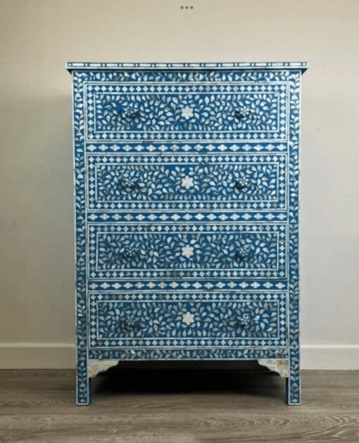 Mother of pearl inlay floral deisgn 4 four drawer tall boy blue dresser /Almirah / cabinet