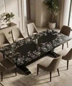 Black Bone Inlay 8 Seater Floral Dining Table in Luxury Dining Room
