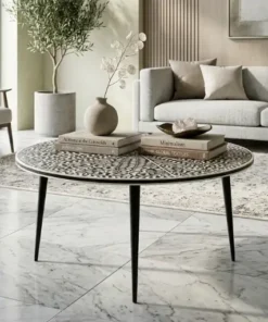 Black bone inlay floral round coffee table for luxury living room