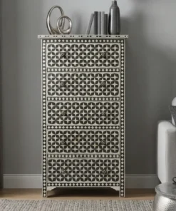 Black Mother of Pearl Inlay Tall Chest of 5 Drawers