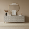 Bone inlay 3 drawer 2 door sideboard - moroccan design placed in beige living room with decorative items