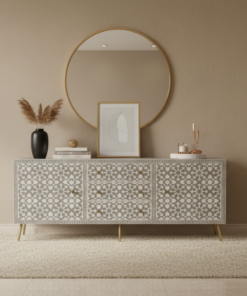 Bone inlay 3 drawer 2 door sideboard - moroccan design placed in beige living room with decorative items