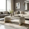 Bone Inlay Grey Waterfall Coffee Table placed in contemporary living room with sofa and decor items