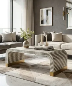 Bone Inlay Grey Waterfall Coffee Table placed in contemporary living room with sofa and decor items
