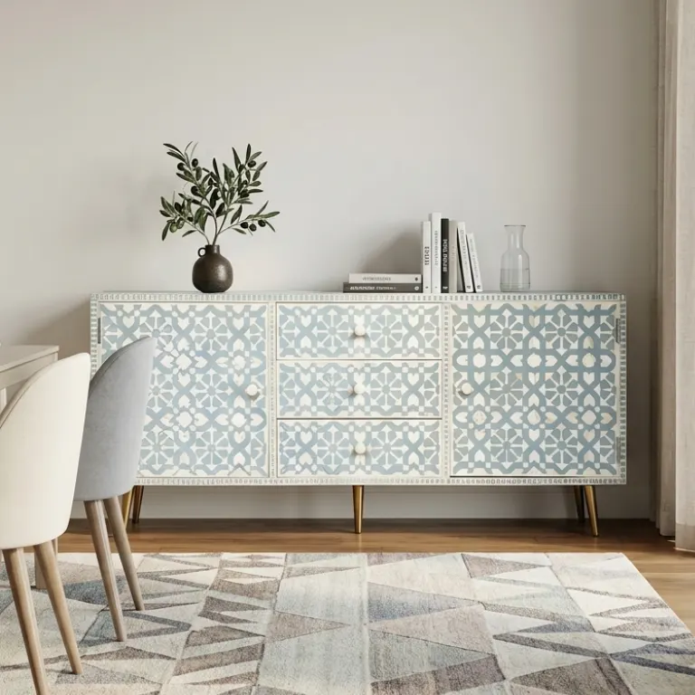 Bone Inlay Moroccan Design 2 Door 3 Drawer Sideboard Cabinet
