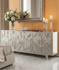 Handmade German silver 6 door floral storage cabinet with detailed carved embossed flower design