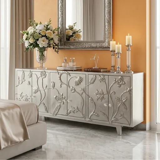 Handmade German silver 6 door floral storage cabinet with detailed carved embossed flower design