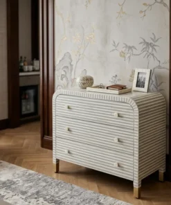 Grey Bone Inlay 3 Drawer Waterfall Dresser Striped Design placed in luxury living room with home decor items