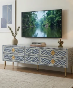 Navy Blue Bone Inlay 6 Drawer Media Cabinet