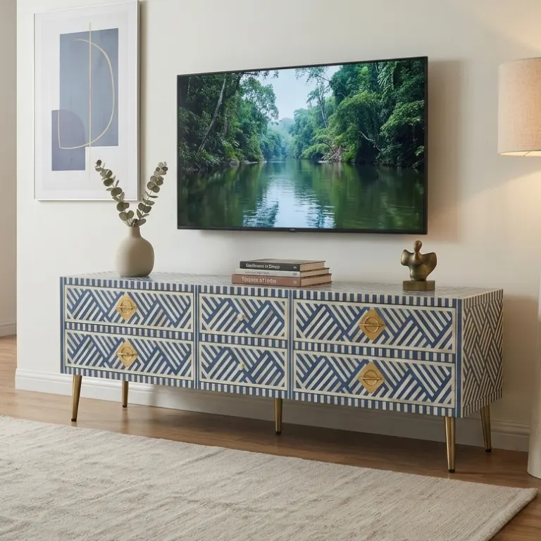 Navy Blue Bone Inlay 6 Drawer Media Cabinet