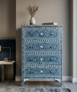 Mother of Pearl Inlay Navy Blue Floral 4 Drawer Tall Dresser Cabinet in modern bedroom with decor items