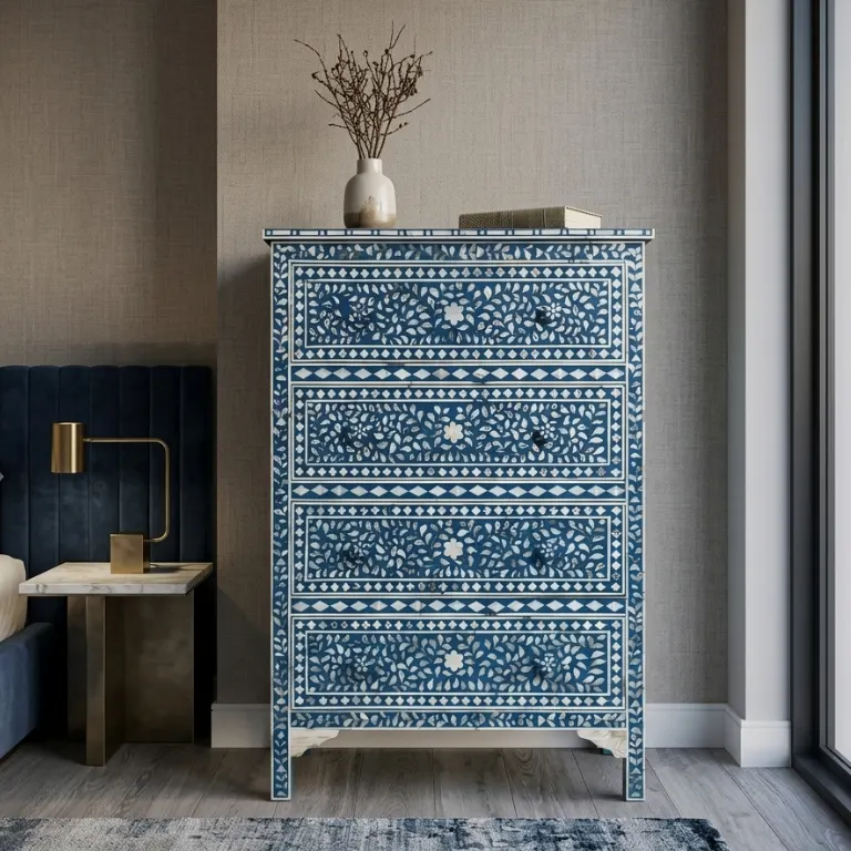 Mother of Pearl Inlay Navy Blue Floral 4 Drawer Tall Dresser Cabinet in modern bedroom with decor items