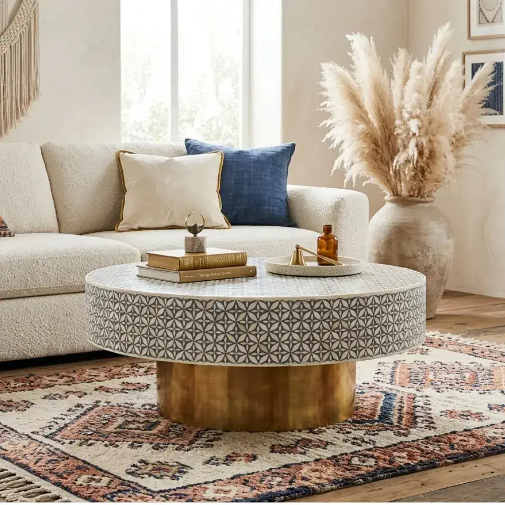 round-bone-inlay-coffee-table (1) (1) Round bone inlay coffee tale place in bohemian living room setup with sofa and rugs