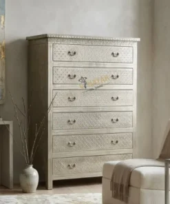 Handmade embossed white metal 6 drawer tall chest of drawers with decorative detailing