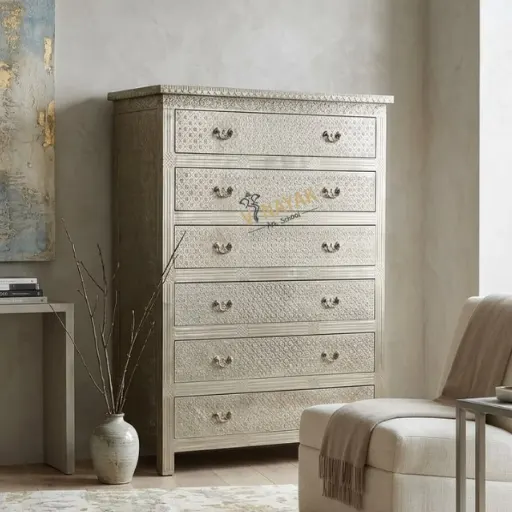Handmade embossed white metal 6 drawer tall chest of drawers with decorative detailing