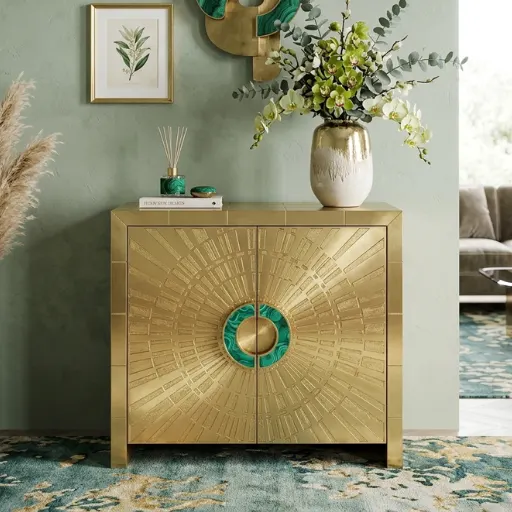 Luxury brass cladding storage cabinet with handcrafted decorative metal detailing