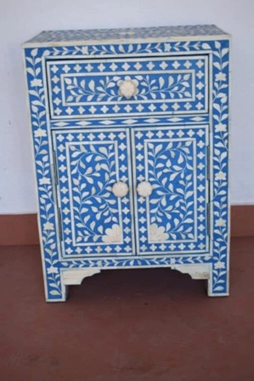 Bone Inlay Blue Floral Storage Nightstand