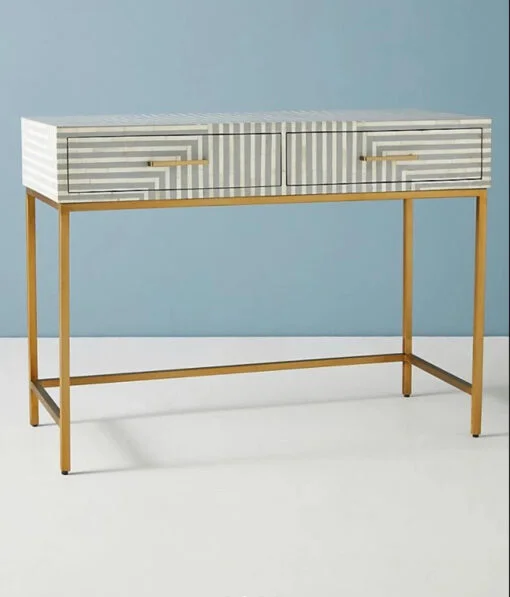Luxury Grey Bone Inlay 2 Drawer Console Table with striped pattern
