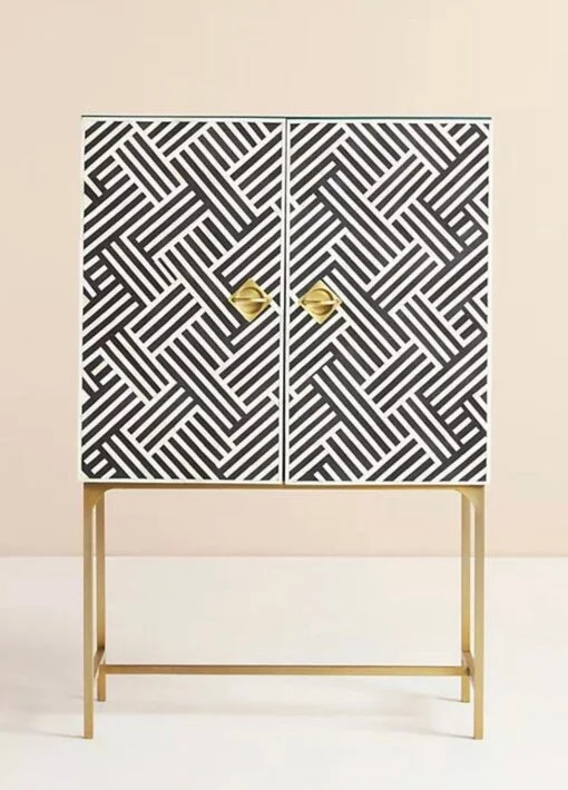 Bone Inlay Optical Design Black Bar Cabinet | Bar Unit - Image 2