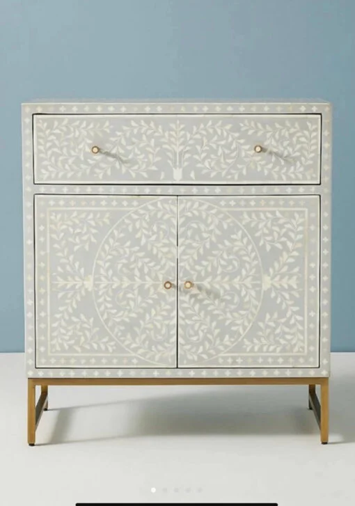 Bone Inlay Grey Floral Storage Cabinet | 1 Drawer or 2 Door Sideboard - Image 2