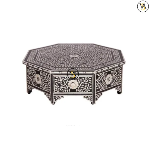 Bone Inlay Black Floral Coffee Table With Storage