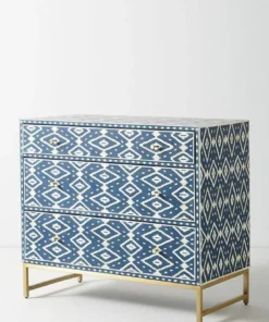 Indigo blue bone inlay Ikat design chest of 3 drawers