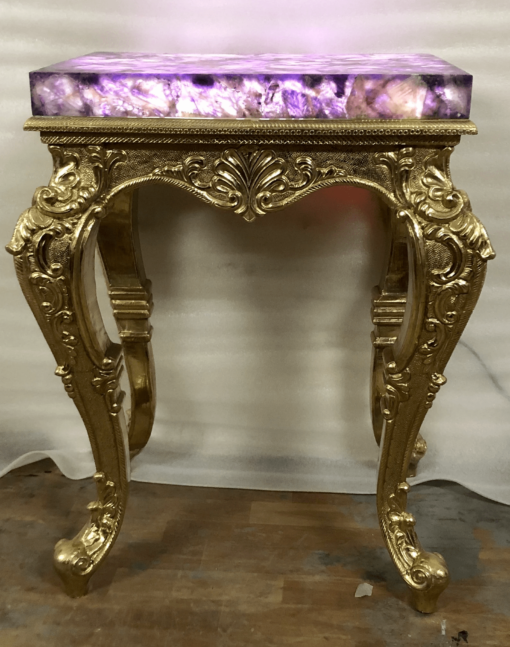 Luxury carved side tables brass cladded & amethyst top lamp style