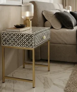 Handmade black bone inlay 1 drawer bedside table in modern bedroom with decor