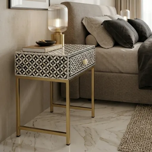 Handmade black bone inlay 1 drawer bedside table in modern bedroom with decor