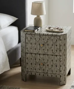 Black Bone Inlay 2 Drawer Nightstand with a geometrical design
