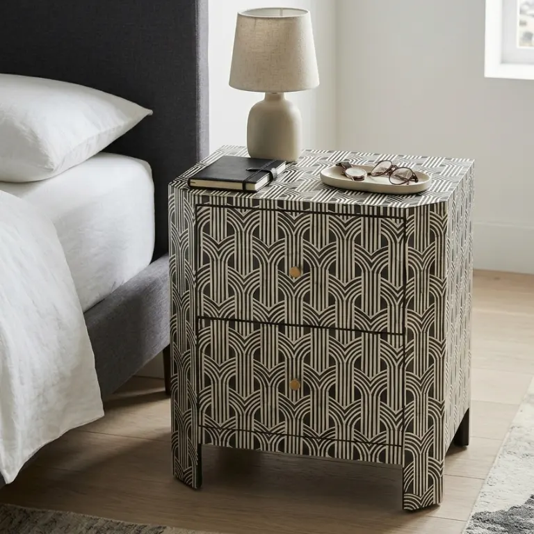 Black Bone Inlay 2 Drawer Nightstand with a geometrical design