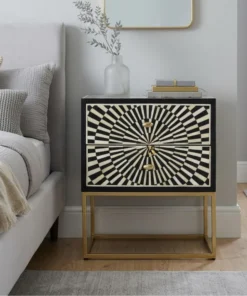 Black Bone Inlay 2 Drawer Bedside Table with Sunrise Design