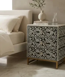 Black bone inlay 3 drawer sun floral nightstand, handmade for luxury bedrooms