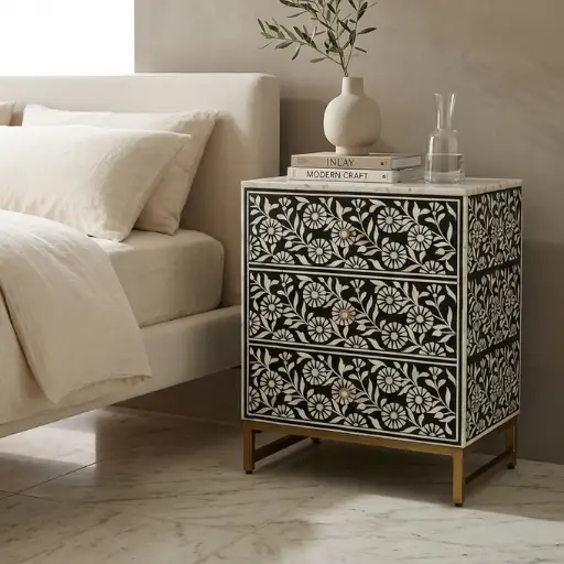 Black bone inlay 3 drawer sun floral nightstand, handmade for luxury bedrooms
