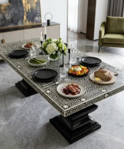 Black Bone inlay Dining Table Placed in modern living room with food and decor