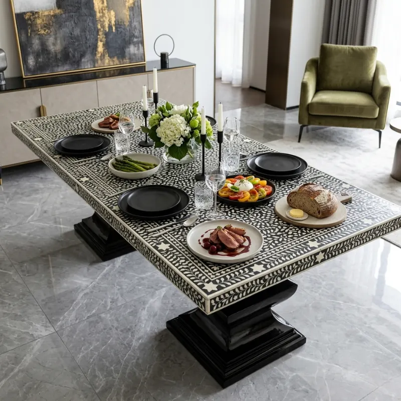 black-bone-inlay-dining-table Black Bone inlay Dining Table Placed in modern living room with food and decor