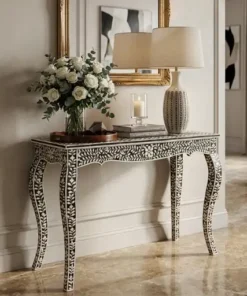 Black bone inlay floral console table for luxury home decor