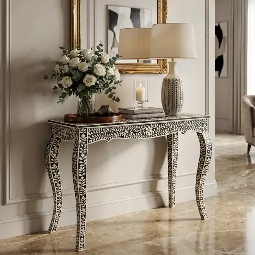Black bone inlay floral console table for luxury home decor